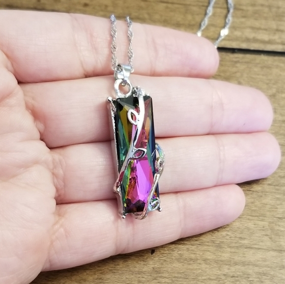 CRYSTAL GLASS NECKLACE Rainbow Silver Long Chain - Picture 4 of 6